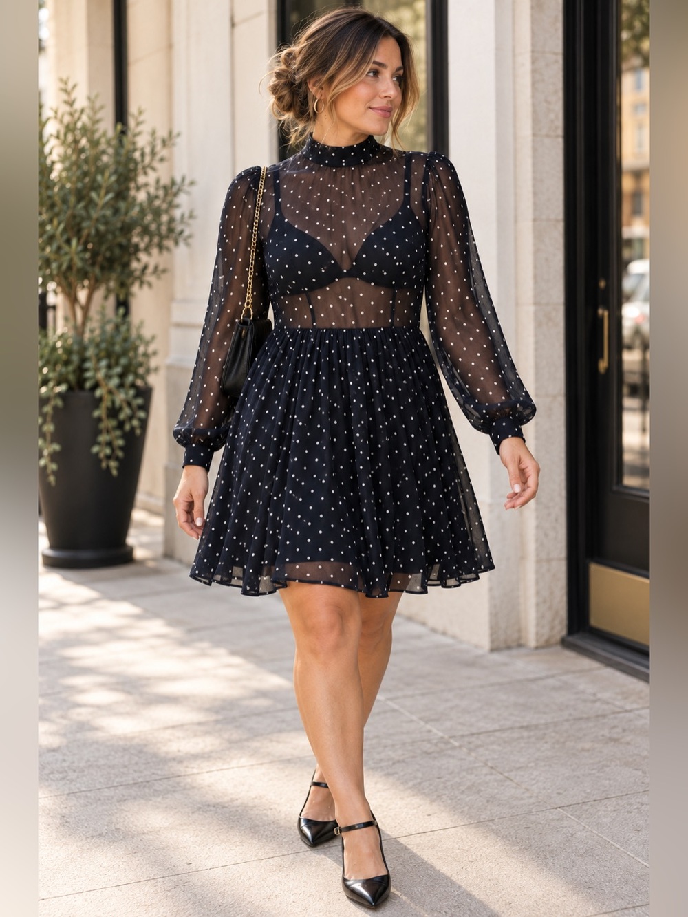 Forever 21 Navy Polka Dot Sheer Long Sleeve Fit & Flare Dress L